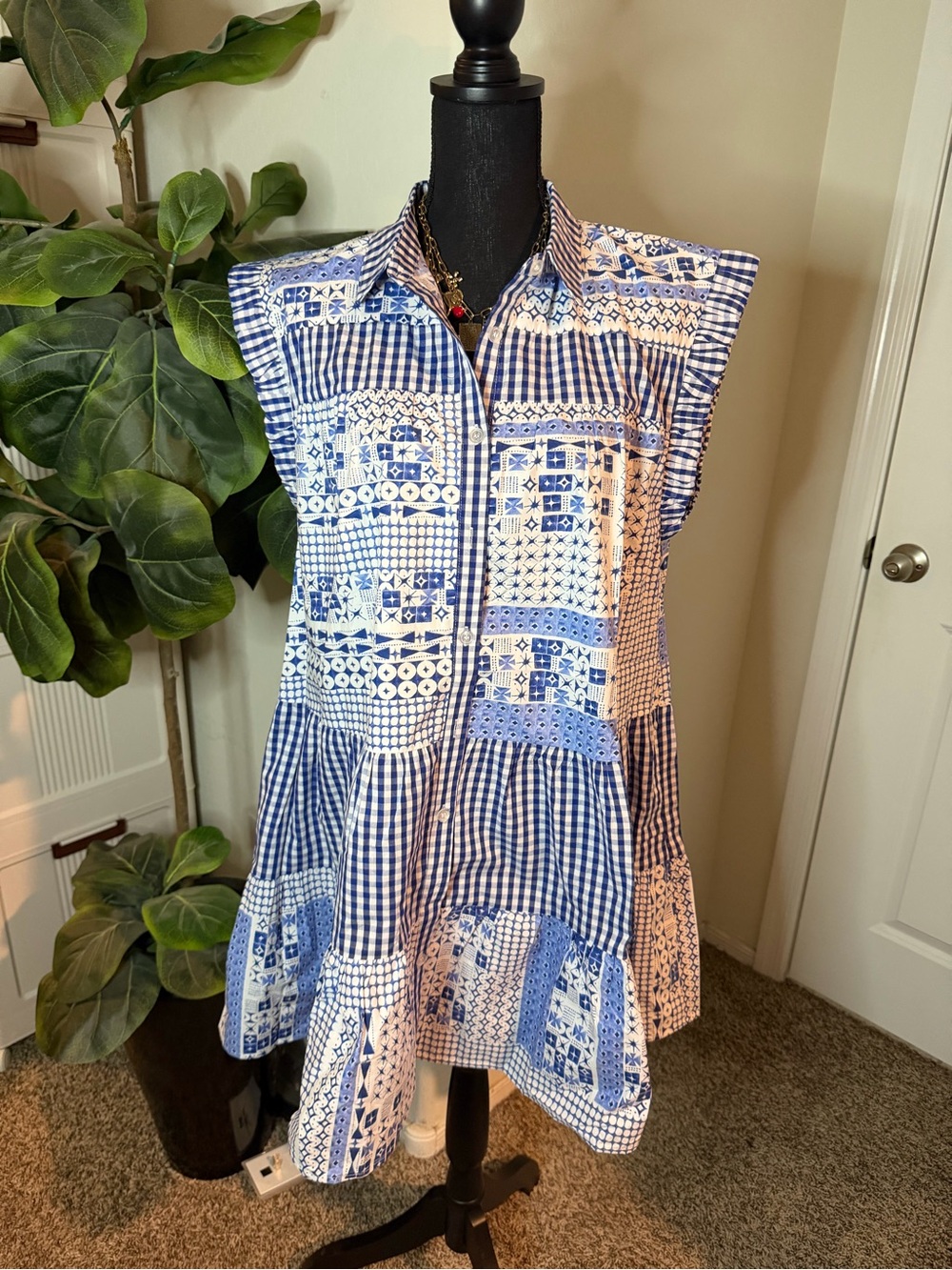 JODIFL Blue and White Gingham Patchwork Shirt